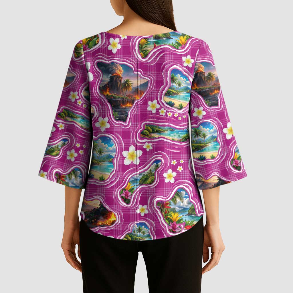 Hawaiian Island Shapes-Iconic Landscape Kimono Sleeve Blouse with Plumeria and Palaka Pink Color