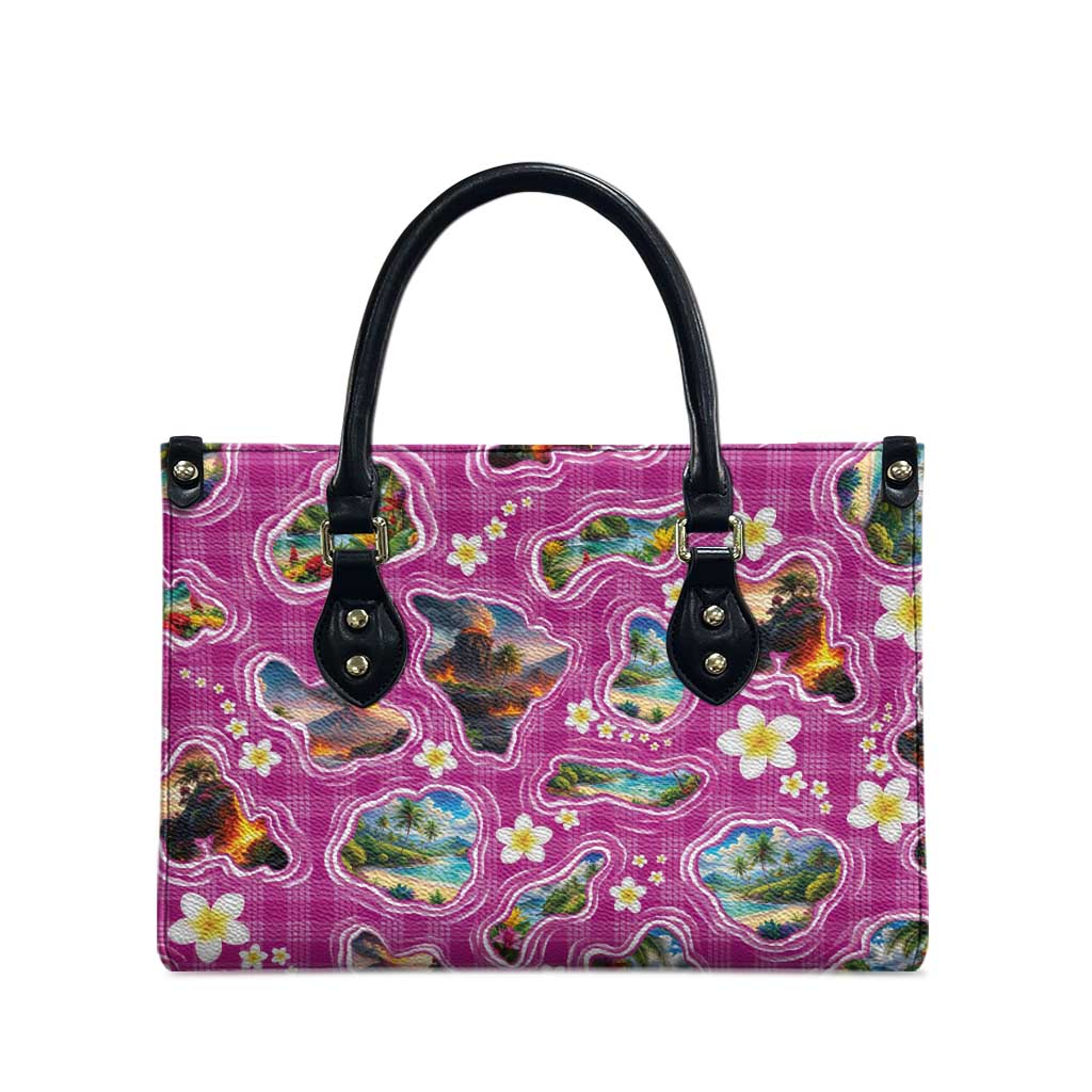 Hawaiian Island Shapes-Iconic Landscape Leather Bag with Plumeria and Palaka Pink Color