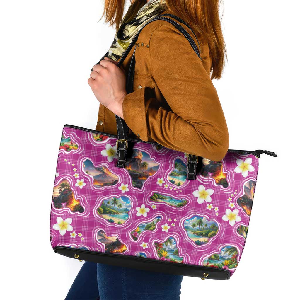 Hawaiian Island Shapes-Iconic Landscape Leather Tote Bag with Plumeria and Palaka Pink Color