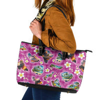 Hawaiian Island Shapes-Iconic Landscape Leather Tote Bag with Plumeria and Palaka Pink Color