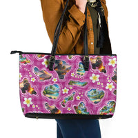 Hawaiian Island Shapes-Iconic Landscape Leather Tote Bag with Plumeria and Palaka Pink Color