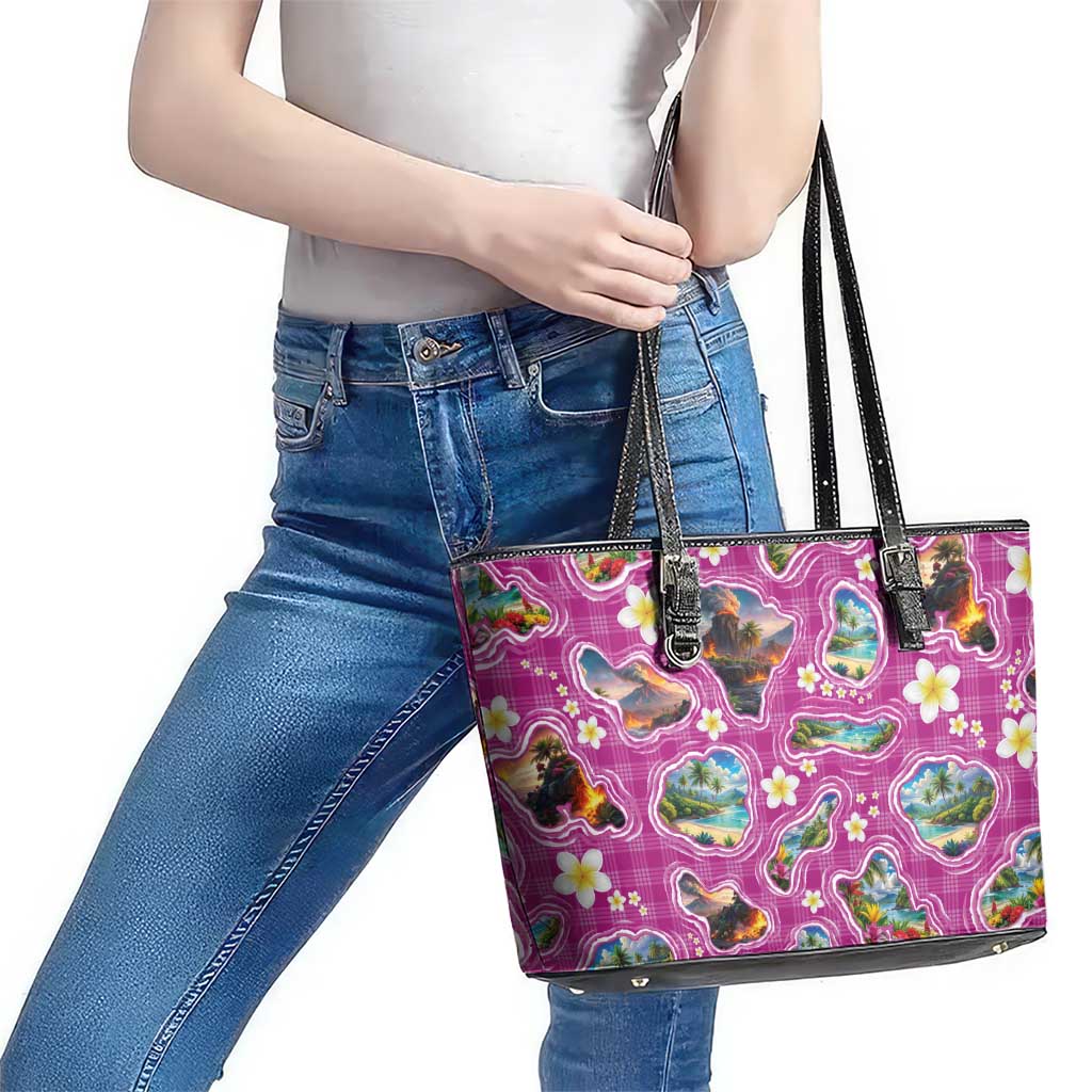 Hawaiian Island Shapes-Iconic Landscape Leather Tote Bag with Plumeria and Palaka Pink Color