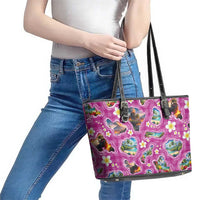 Hawaiian Island Shapes-Iconic Landscape Leather Tote Bag with Plumeria and Palaka Pink Color