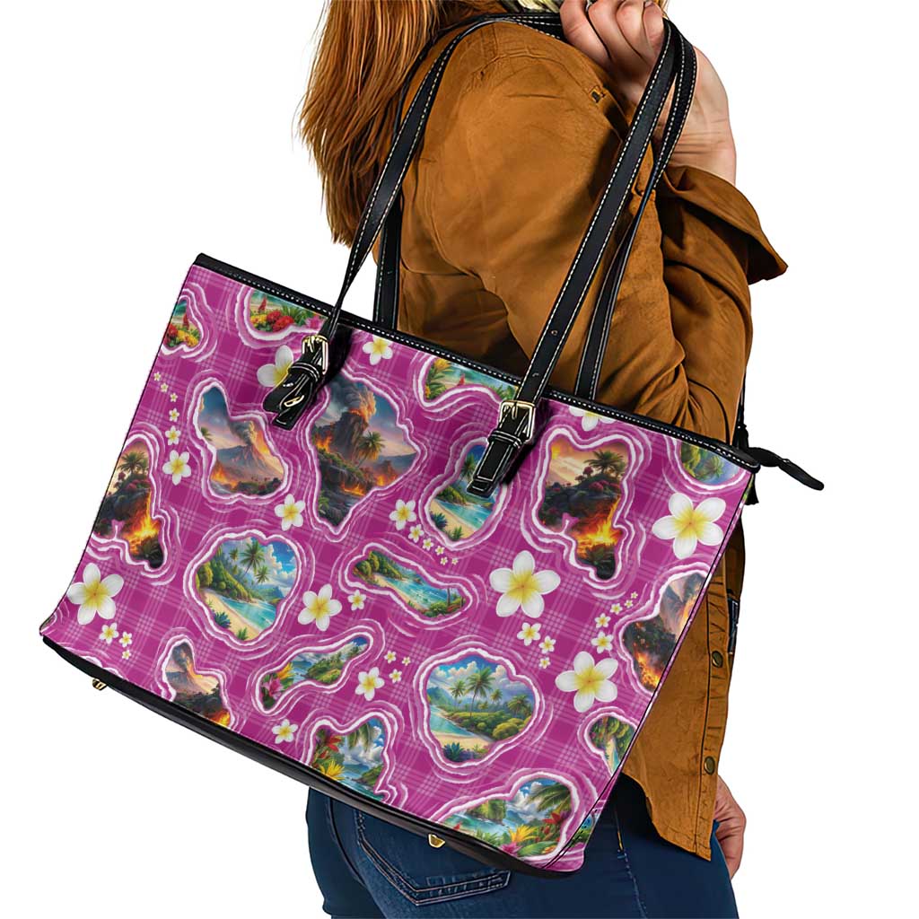 Hawaiian Island Shapes-Iconic Landscape Leather Tote Bag with Plumeria and Palaka Pink Color