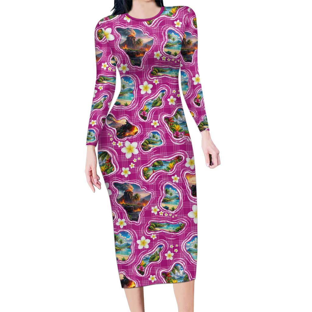 Hawaiian Island Shapes-Iconic Landscape Long Sleeve Bodycon Dress with Plumeria and Palaka Pink Color