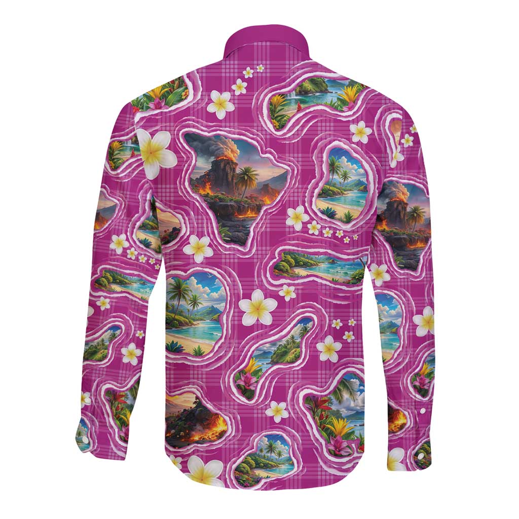 Hawaiian Island Shapes-Iconic Landscape Long Sleeve Button Shirt with Plumeria and Palaka Pink Color