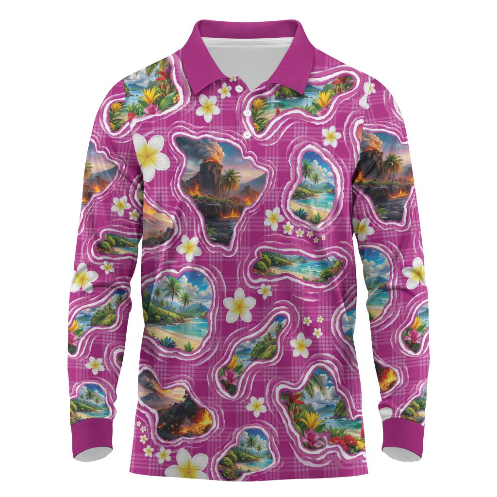 Hawaiian Island Shapes-Iconic Landscape Long Sleeve Polo Shirt with Plumeria and Palaka Pink Color