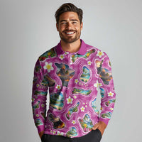 Hawaiian Island Shapes-Iconic Landscape Long Sleeve Polo Shirt with Plumeria and Palaka Pink Color LT03 - Polynesian Pride