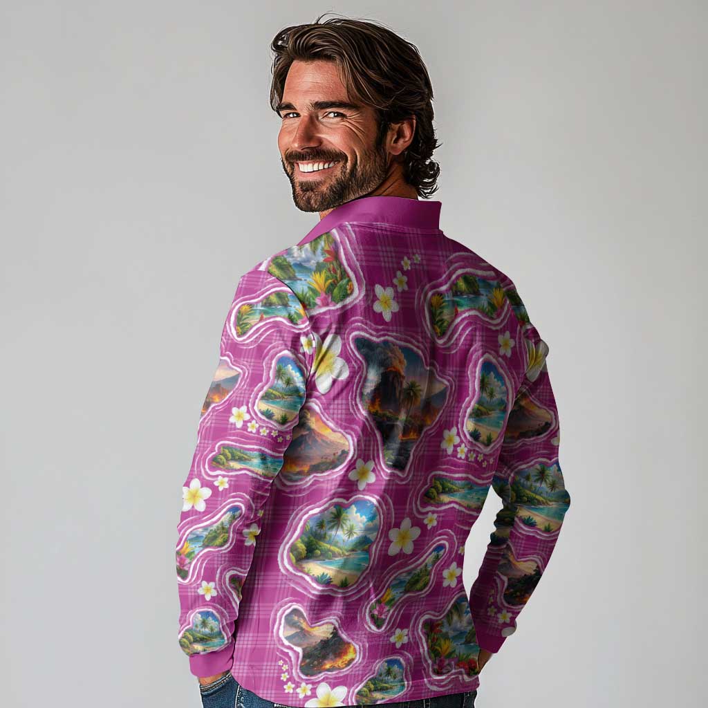 Hawaiian Island Shapes-Iconic Landscape Long Sleeve Polo Shirt with Plumeria and Palaka Pink Color LT03 - Polynesian Pride