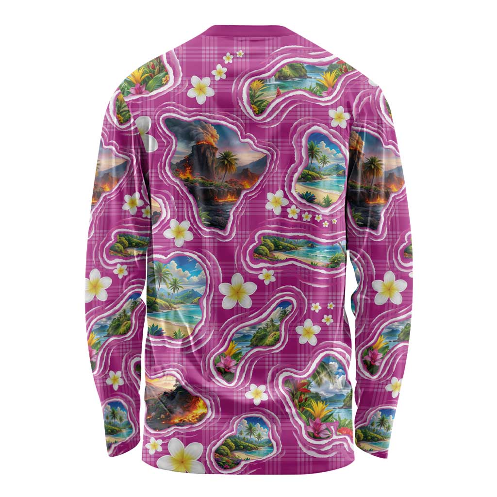 Hawaiian Island Shapes-Iconic Landscape Long Sleeve Shirt with Plumeria and Palaka Pink Color