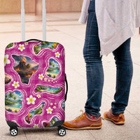 Hawaiian Island Shapes-Iconic Landscape Luggage Cover with Plumeria and Palaka Pink Color