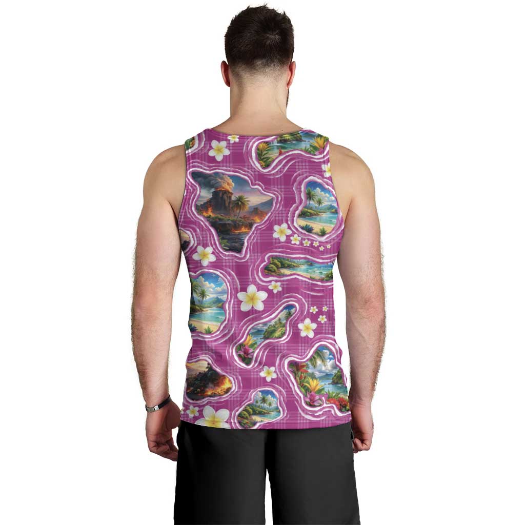 Hawaiian Island Shapes-Iconic Landscape Men Tank Top with Plumeria and Palaka Pink Color