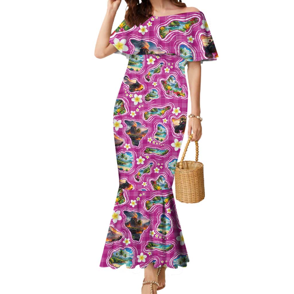 Hawaiian Island Shapes-Iconic Landscape Mermaid Dress with Plumeria and Palaka Pink Color LT03 Women Pink - Polynesian Pride