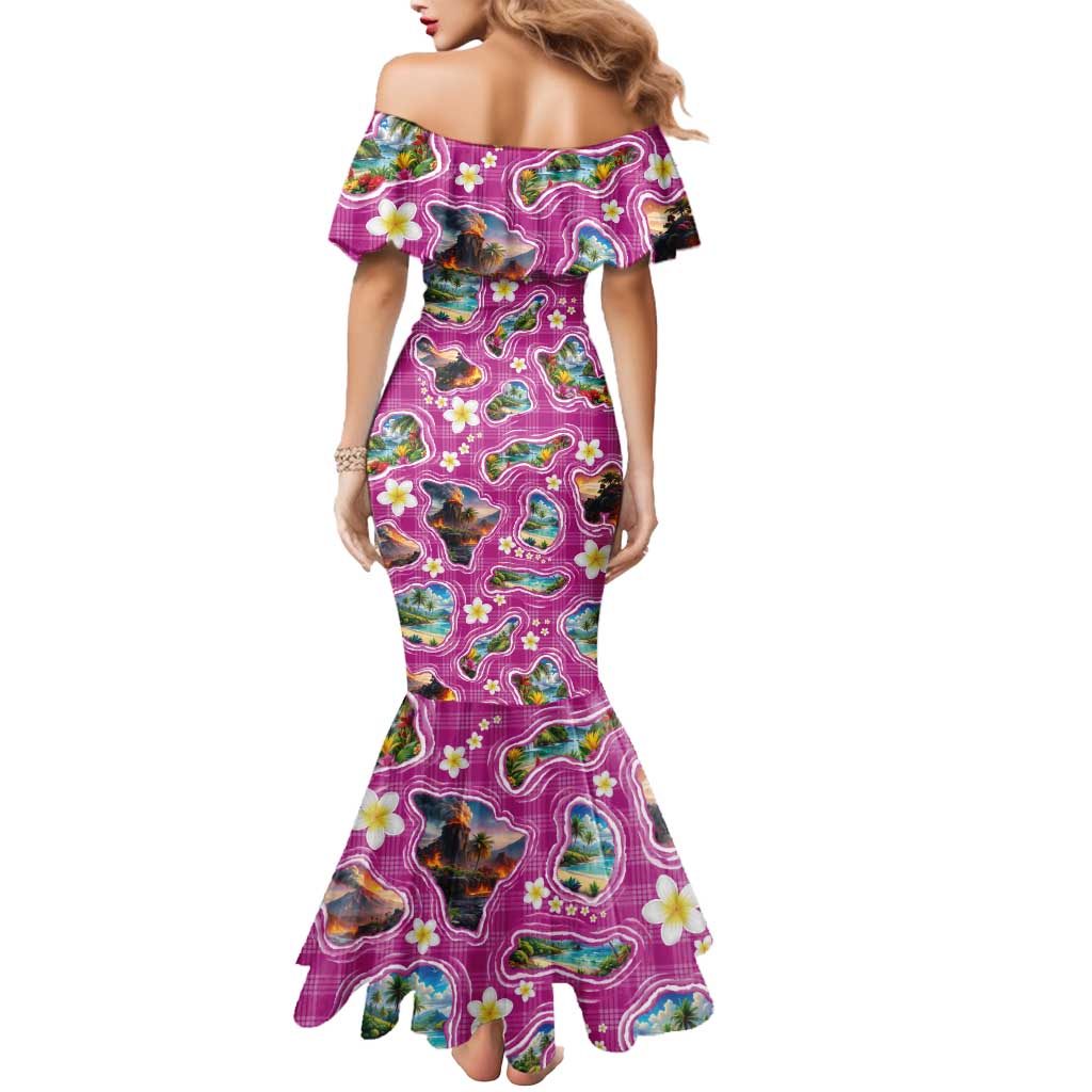 Hawaiian Island Shapes-Iconic Landscape Mermaid Dress with Plumeria and Palaka Pink Color LT03 - Polynesian Pride