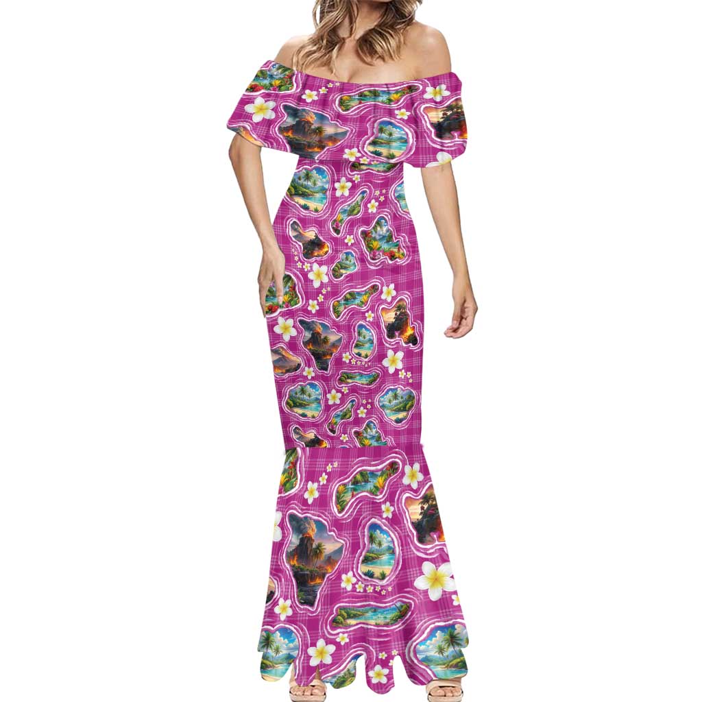 Hawaiian Island Shapes-Iconic Landscape Mermaid Dress with Plumeria and Palaka Pink Color LT03 - Polynesian Pride