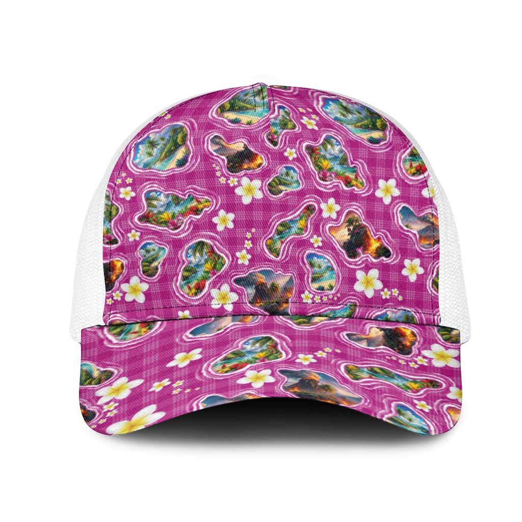 Hawaiian Island Shapes-Iconic Landscape Mesh Trucker Cap with Plumeria and Palaka Pink Color