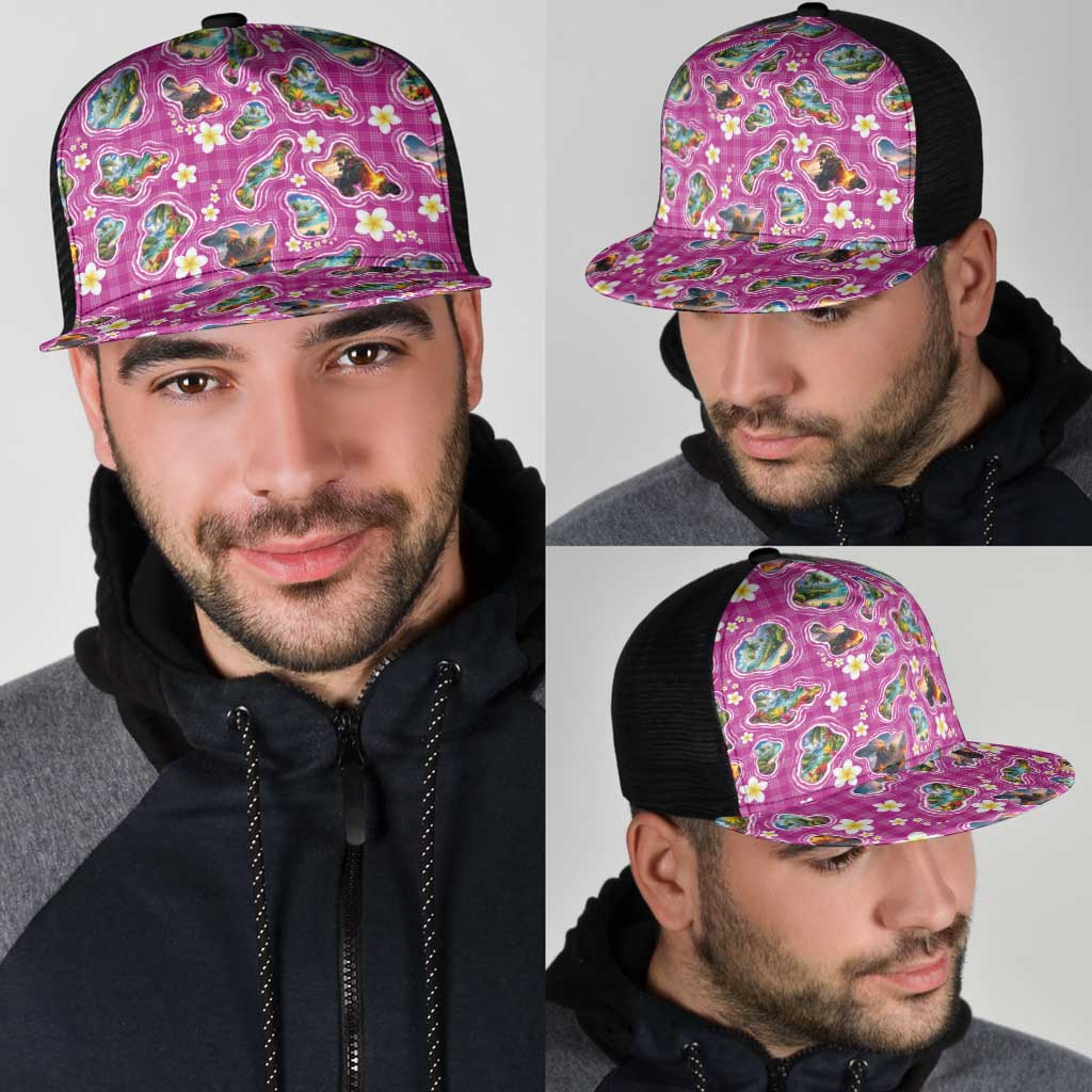 Hawaiian Island Shapes-Iconic Landscape Mesh Trucker Cap with Plumeria and Palaka Pink Color