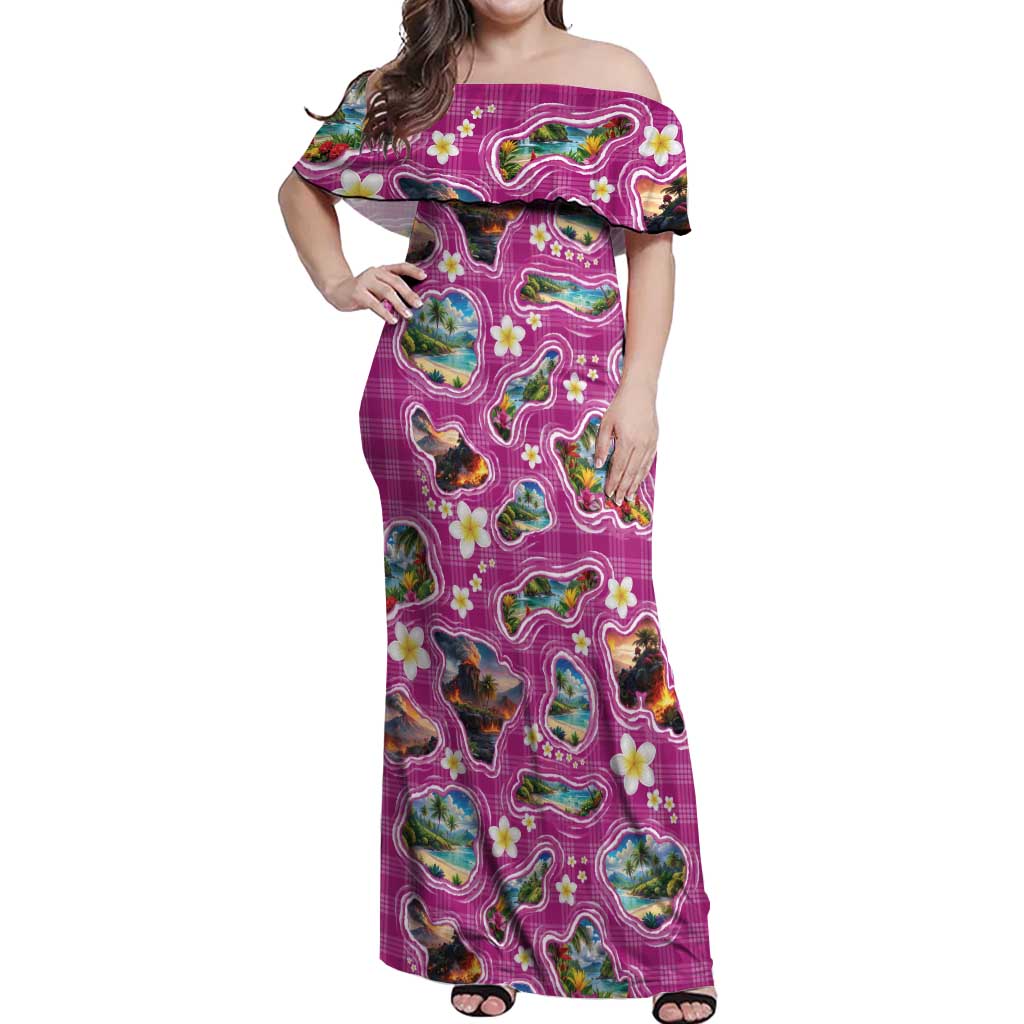 Hawaiian Island Shapes-Iconic Landscape Off Shoulder Maxi Dress with Plumeria and Palaka Pink Color