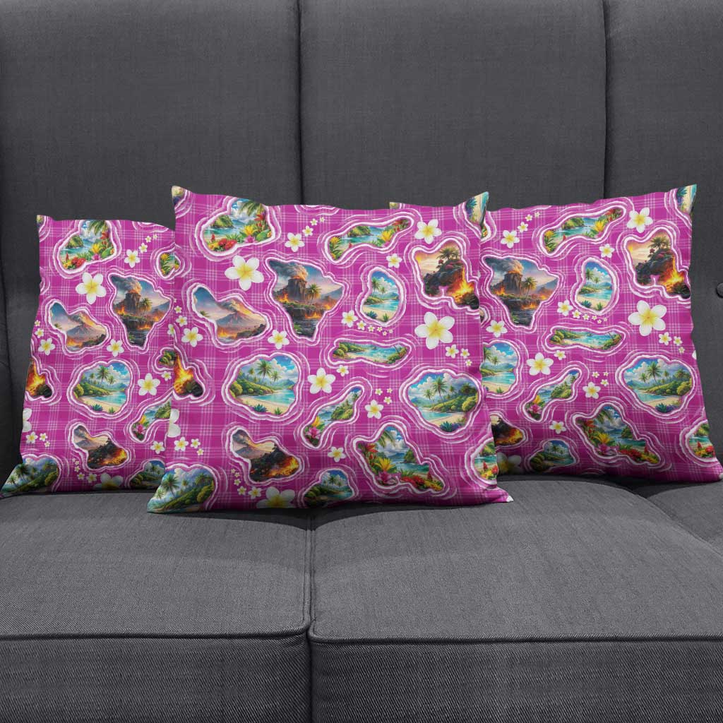 Hawaiian Island Shapes-Iconic Landscape Pillow Cover with Plumeria and Palaka Pink Color