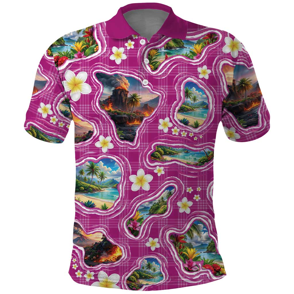 Hawaiian Island Shapes-Iconic Landscape Polo Shirt with Plumeria and Palaka Pink Color