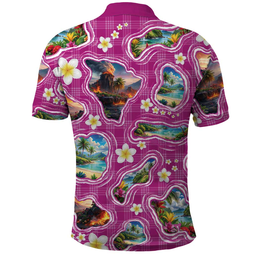 Hawaiian Island Shapes-Iconic Landscape Polo Shirt with Plumeria and Palaka Pink Color