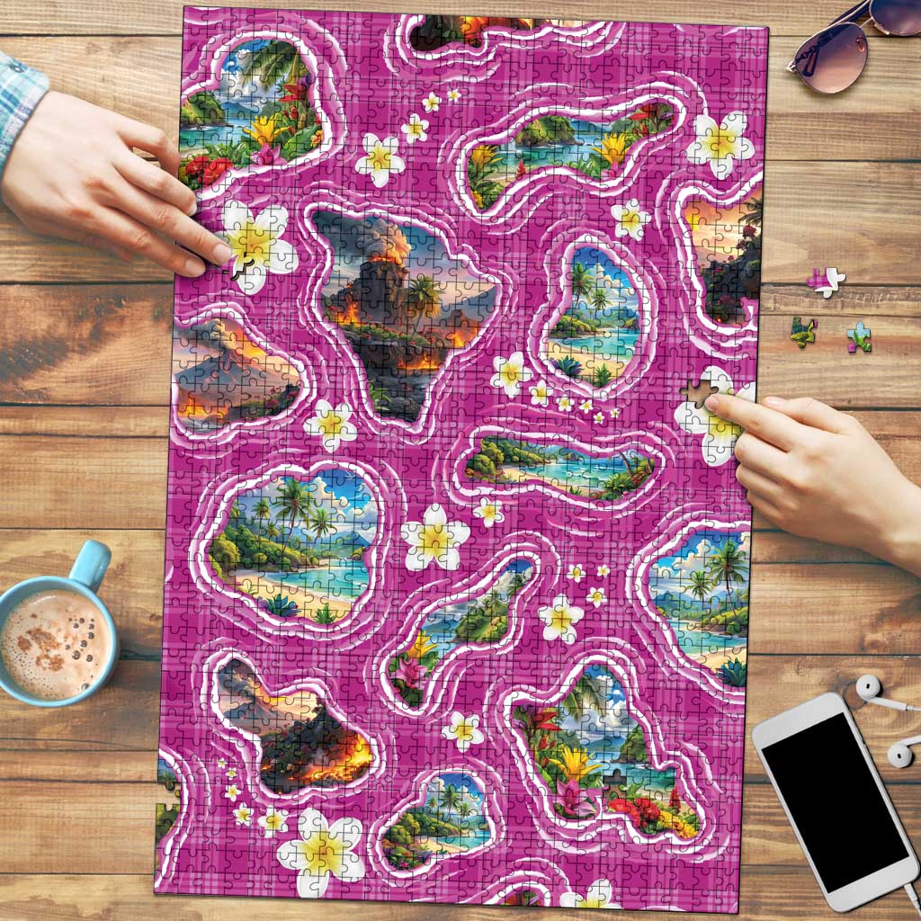 Hawaiian Island Shapes-Iconic Landscape Puzzle with Plumeria and Palaka Pink Color