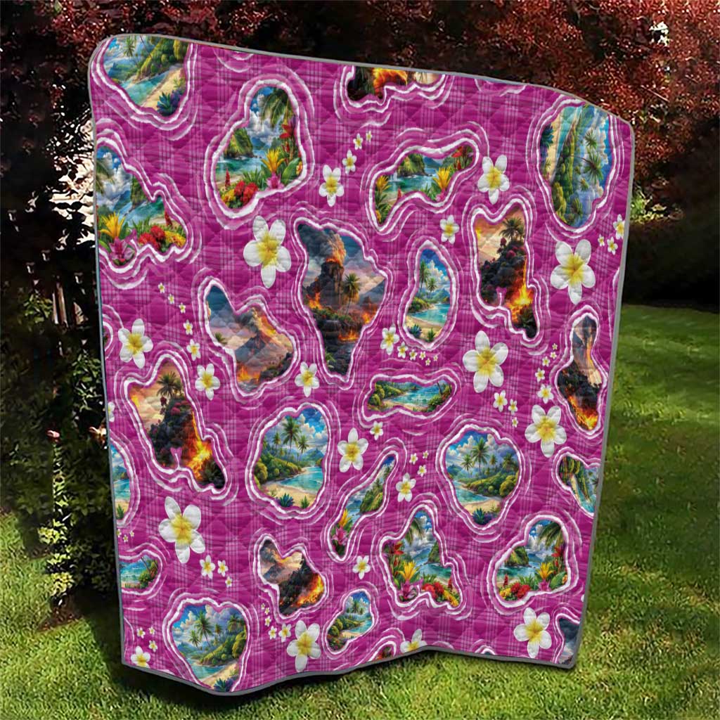 Hawaiian Island Shapes-Iconic Landscape Quilt with Plumeria and Palaka Pink Color