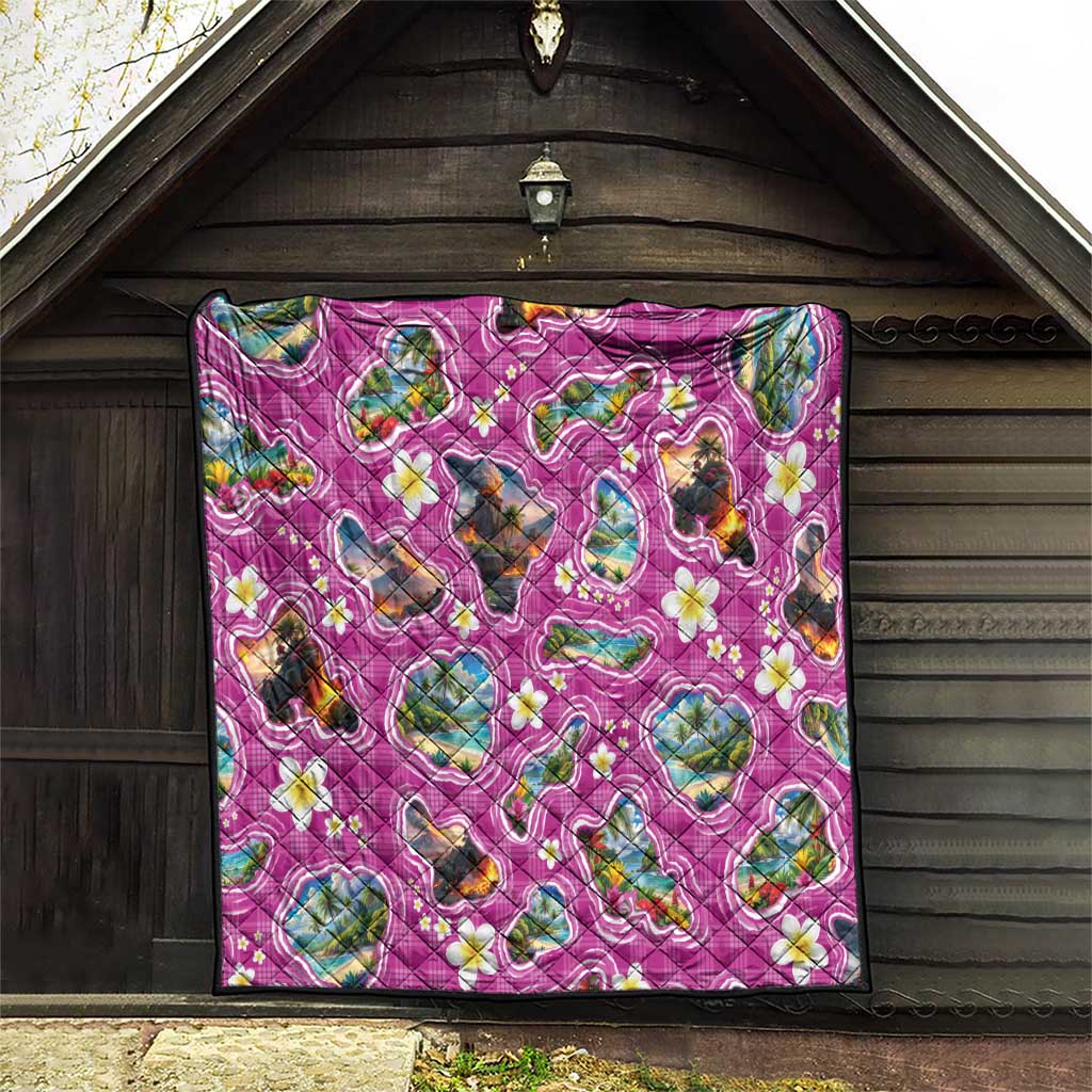Hawaiian Island Shapes-Iconic Landscape Quilt with Plumeria and Palaka Pink Color