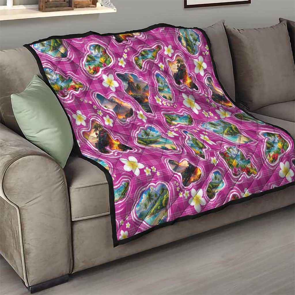 Hawaiian Island Shapes-Iconic Landscape Quilt with Plumeria and Palaka Pink Color