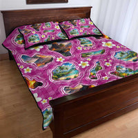Hawaiian Island Shapes-Iconic Landscape Quilt Bed Set with Plumeria and Palaka Pink Color