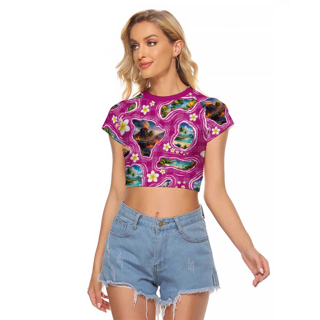 Hawaiian Island Shapes-Iconic Landscape Raglan Cropped T Shirt with Plumeria and Palaka Pink Color LT03 Female Pink - Polynesian Pride