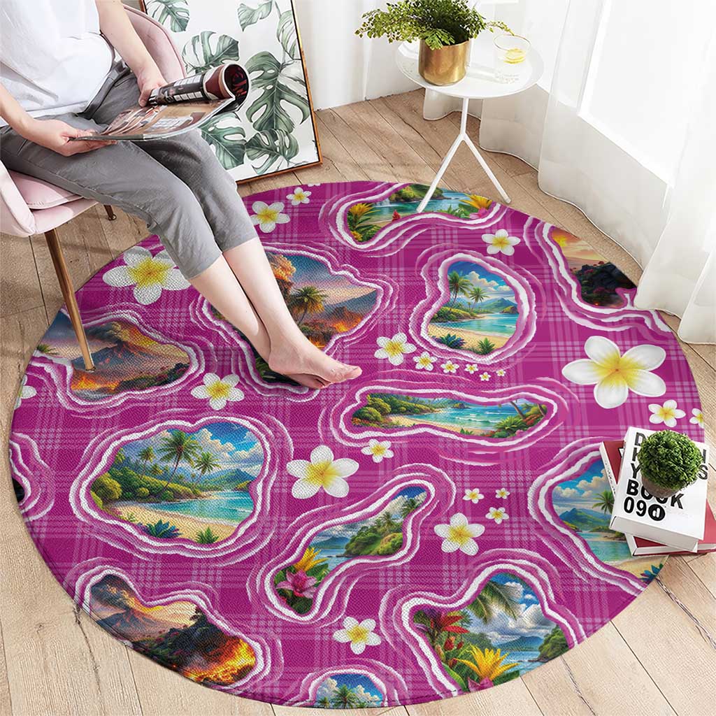 Hawaiian Island Shapes-Iconic Landscape Round Carpet with Plumeria and Palaka Pink Color