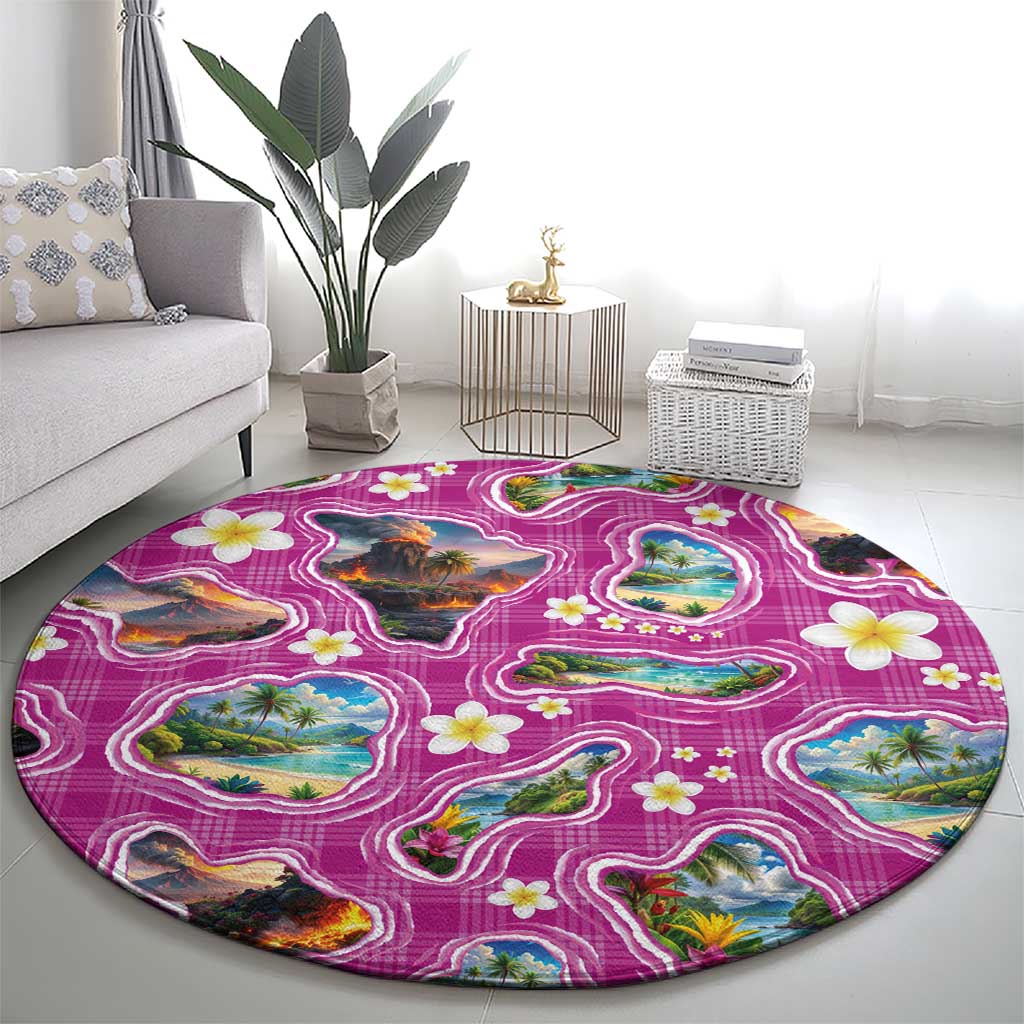 Hawaiian Island Shapes-Iconic Landscape Round Carpet with Plumeria and Palaka Pink Color
