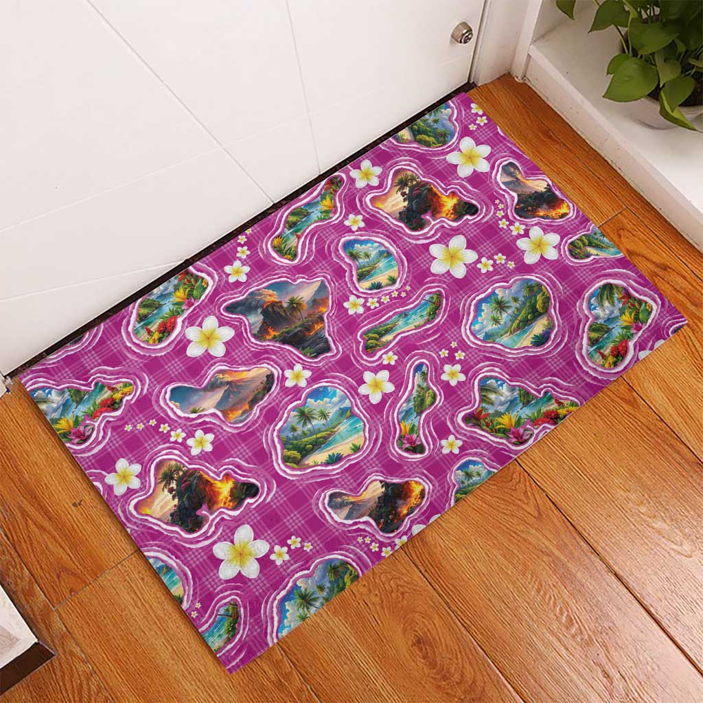 Hawaiian Island Shapes-Iconic Landscape Rubber Doormat with Plumeria and Palaka Pink Color