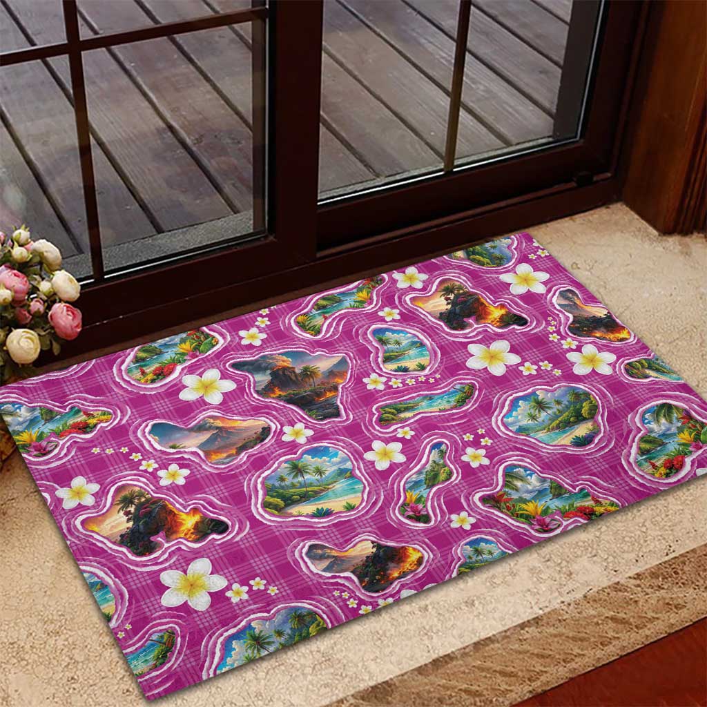 Hawaiian Island Shapes-Iconic Landscape Rubber Doormat with Plumeria and Palaka Pink Color