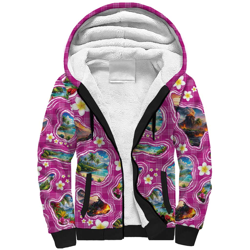 Hawaiian Island Shapes-Iconic Landscape Sherpa Hoodie with Plumeria and Palaka Pink Color LT03 Unisex Pink - Polynesian Pride