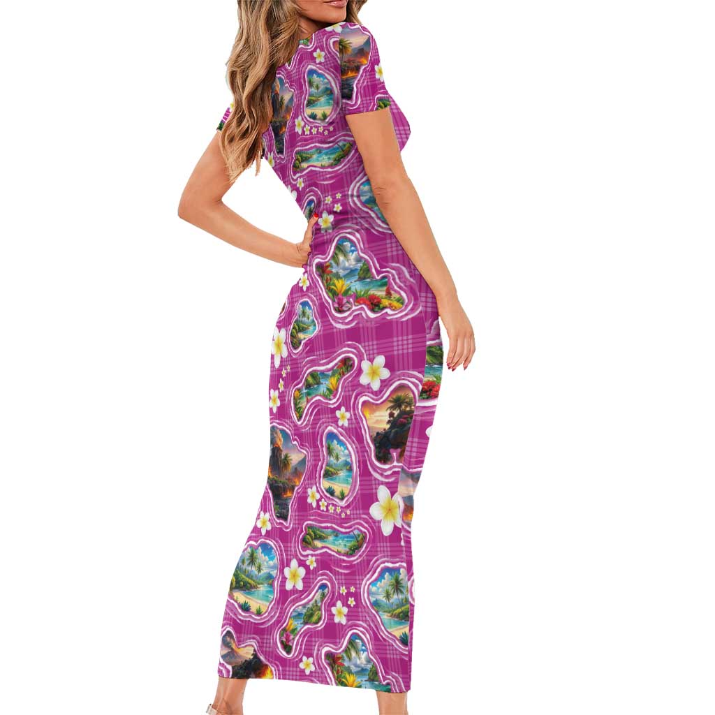 Hawaiian Island Shapes-Iconic Landscape Short Sleeve Bodycon Dress with Plumeria and Palaka Pink Color LT03 - Polynesian Pride
