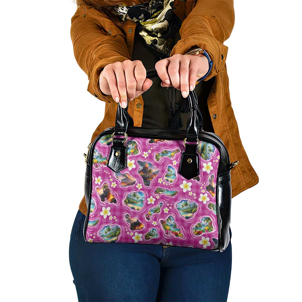 Hawaiian Island Shapes-Iconic Landscape Shoulder Handbag with Plumeria and Palaka Pink Color