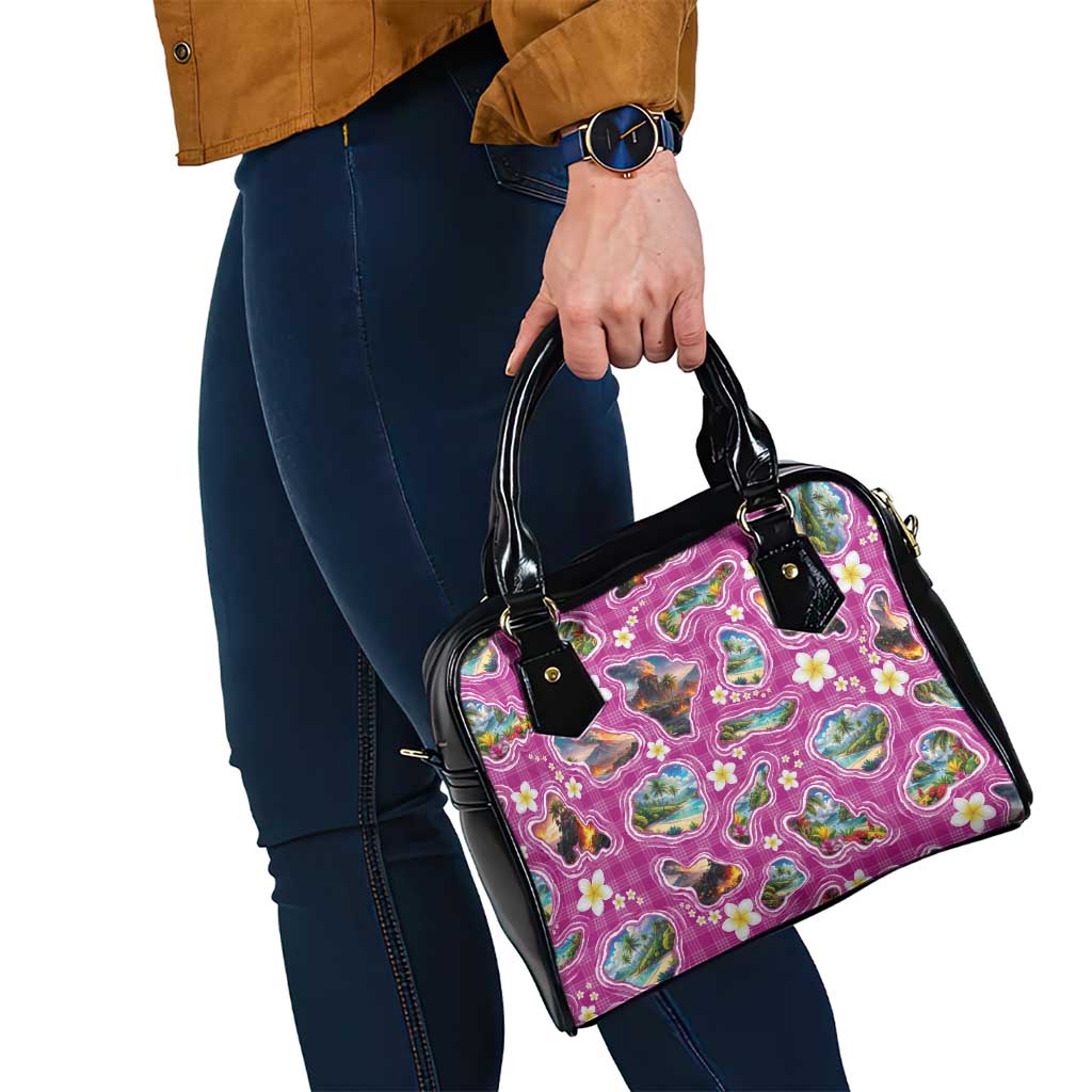 Hawaiian Island Shapes-Iconic Landscape Shoulder Handbag with Plumeria and Palaka Pink Color