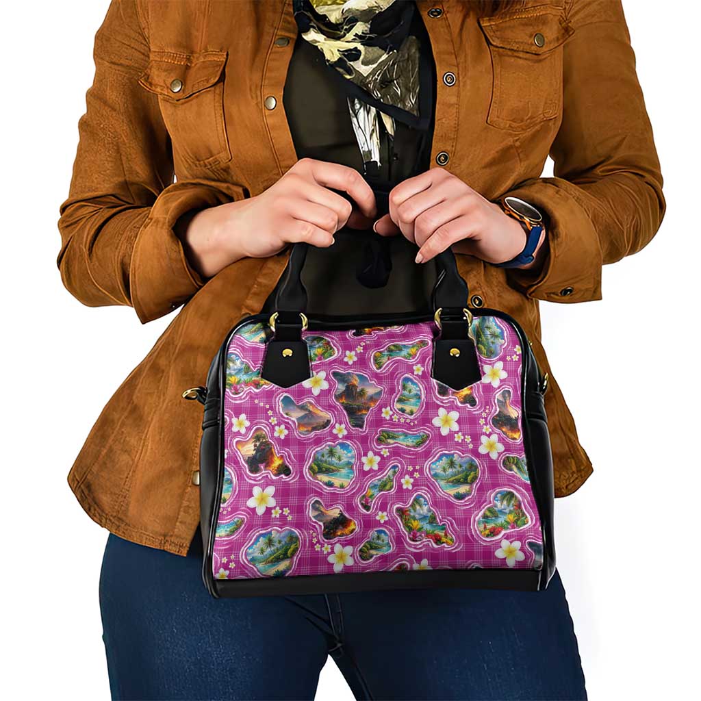Hawaiian Island Shapes-Iconic Landscape Shoulder Handbag with Plumeria and Palaka Pink Color