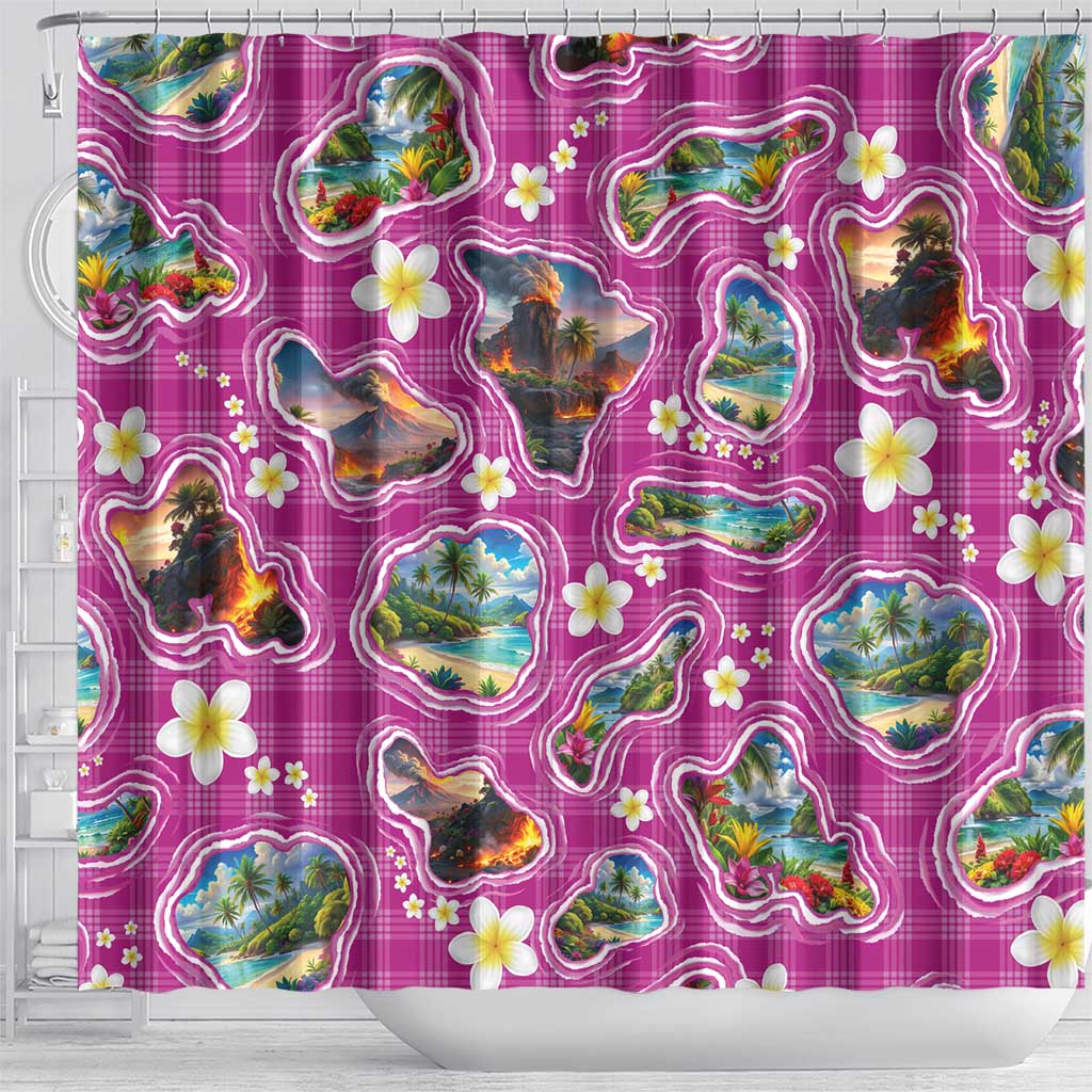 Hawaiian Island Shapes-Iconic Landscape Shower Curtain with Plumeria and Palaka Pink Color