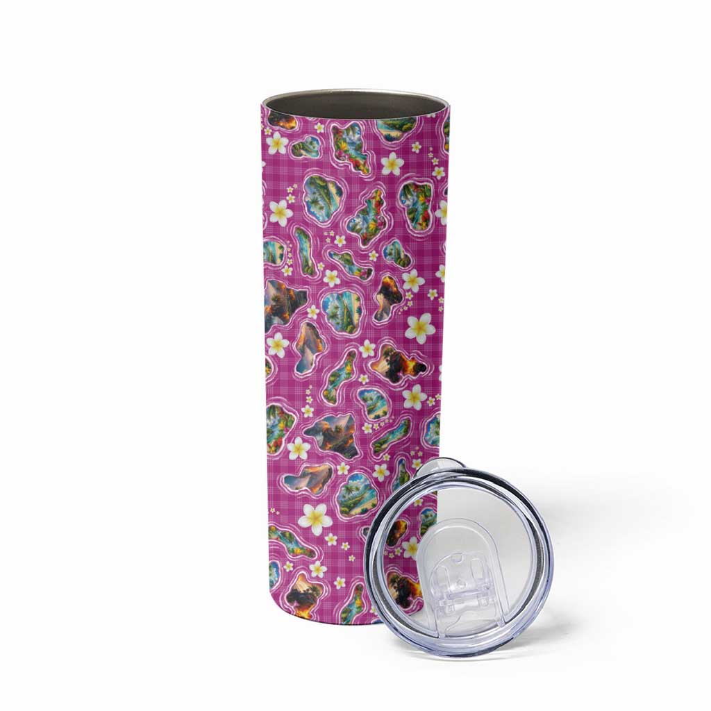 Hawaiian Island Shapes-Iconic Landscape Skinny Tumbler with Plumeria and Palaka Pink Color LT03 - Polynesian Pride