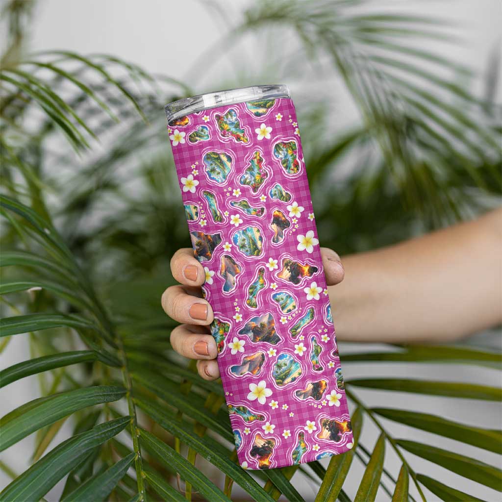Hawaiian Island Shapes-Iconic Landscape Skinny Tumbler with Plumeria and Palaka Pink Color LT03 - Polynesian Pride