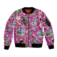 Hawaiian Island Shapes-Iconic Landscape Sleeve Zip Bomber Jacket with Plumeria and Palaka Pink Color