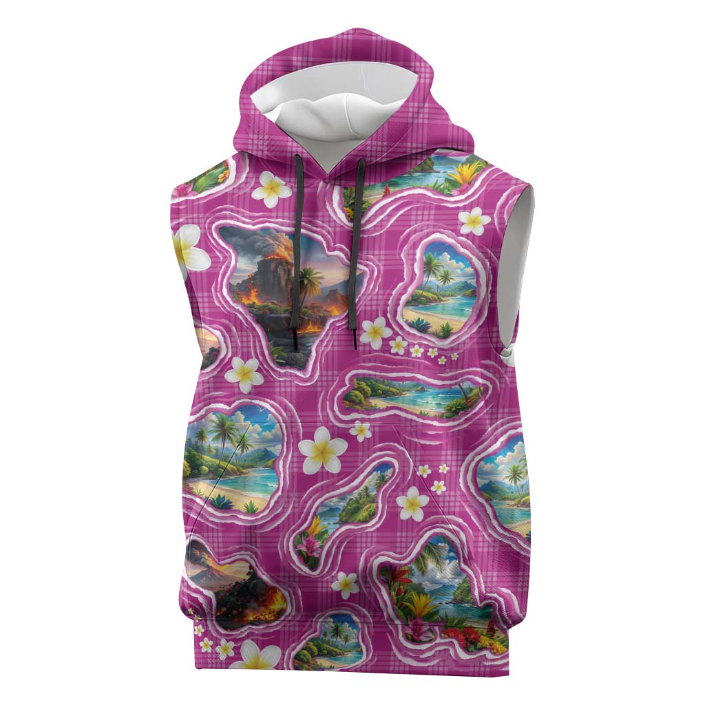 Hawaiian Island Shapes-Iconic Landscape Sleeveless Hoodie with Plumeria and Palaka Pink Color