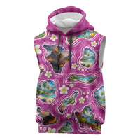 Hawaiian Island Shapes-Iconic Landscape Sleeveless Hoodie with Plumeria and Palaka Pink Color LT03 Pink - Polynesian Pride
