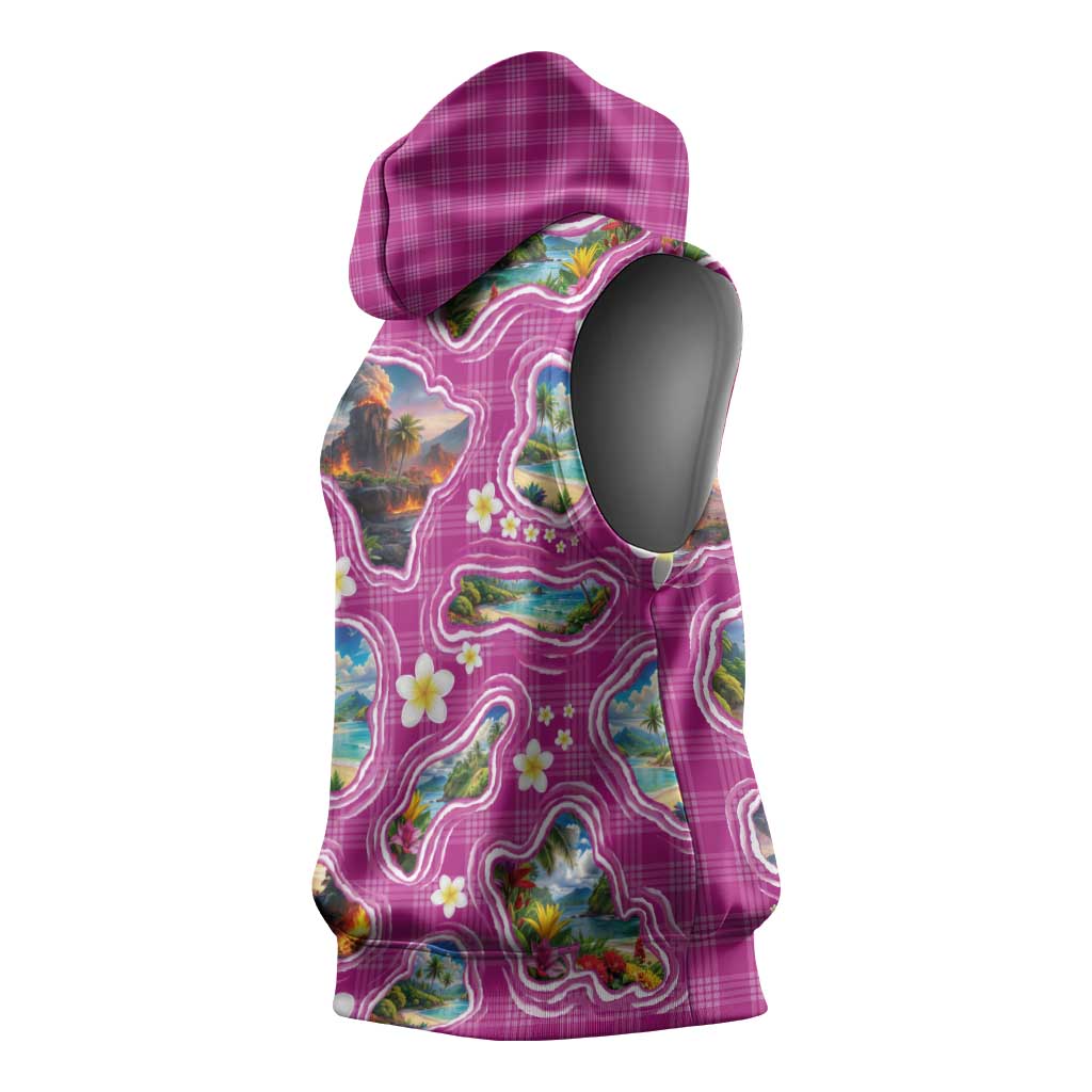 Hawaiian Island Shapes-Iconic Landscape Sleeveless Hoodie with Plumeria and Palaka Pink Color LT03 - Polynesian Pride