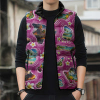 Hawaiian Island Shapes-Iconic Landscape Sleeveless Puffer Jacket with Plumeria and Palaka Pink Color