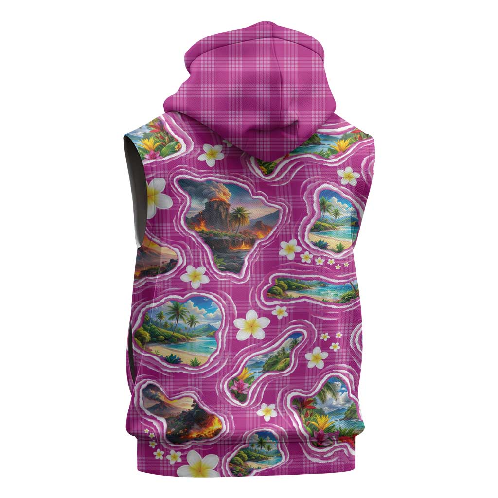 Hawaiian Island Shapes-Iconic Landscape Sleeveless Zip Hoodie with Plumeria and Palaka Pink Color LT03 - Polynesian Pride