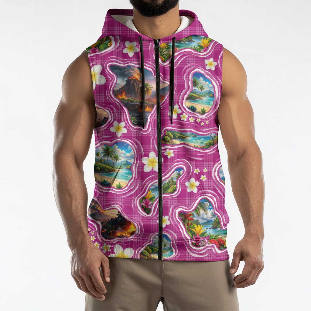 Hawaiian Island Shapes-Iconic Landscape Sleeveless Zip Hoodie with Plumeria and Palaka Pink Color LT03 - Polynesian Pride